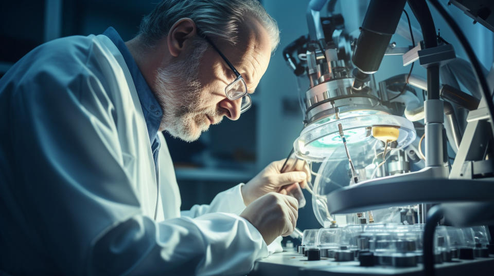 An engineer observing the inner workings of a medical device during its prototyping phase.