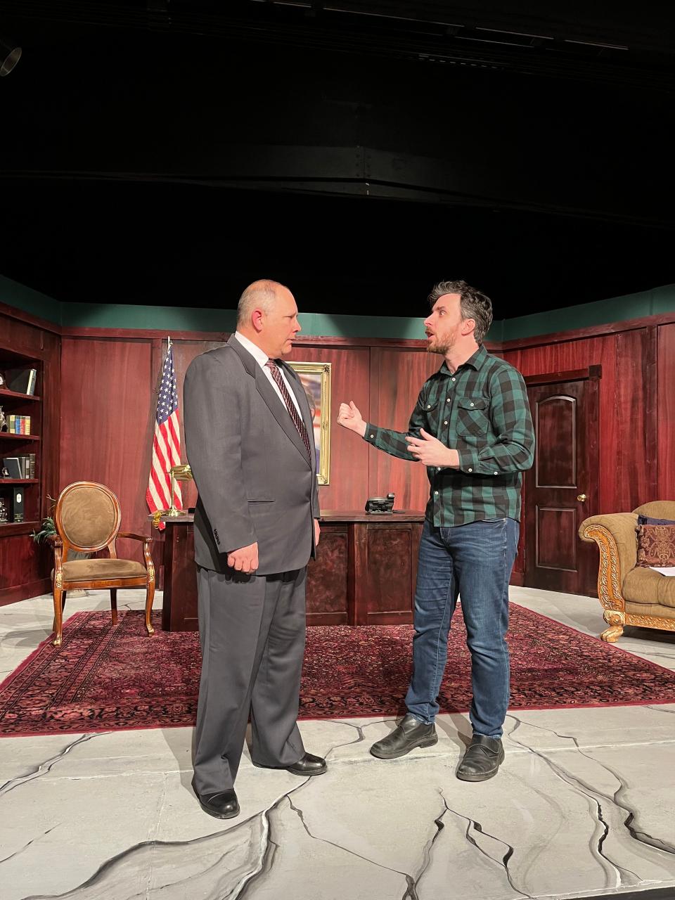 Bill Downey, left, and Steve Prouty rehearse a scene for Twin City Players' production of Paul Slade Smith's "The Outsider" that opens March 3 and continues through March 19, 2023, at the theater in St. Joseph.