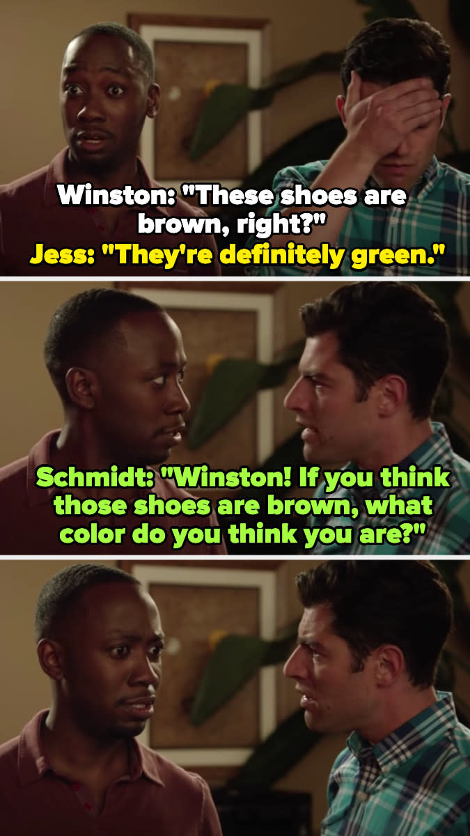 Jess tells Winston his shoes are green, and Schmidt says "Winston! If you think those shoes are brown, what color do you think you are?"