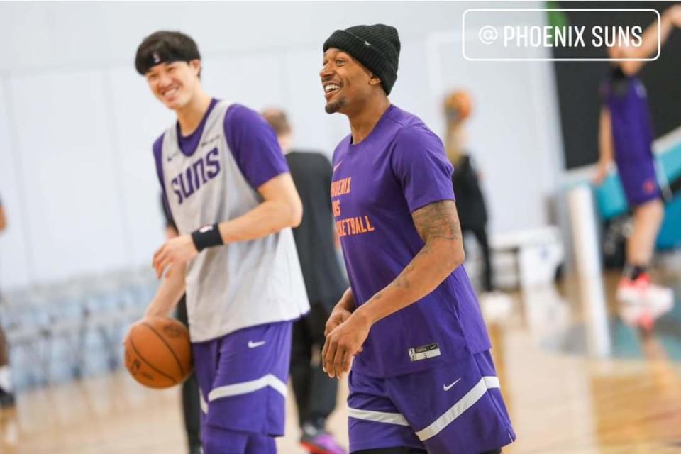 Bradley Beal and Yuta Watanabe share a laugh during a Phoenix Suns practice at United Wholesale Mortgage on Oct. 9, 2023, in Pontiac, Michigan.