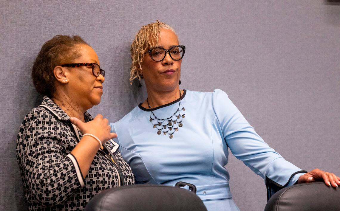 Durham City Manager Wanda Page and Mayor Elaine O’Neal speak after O’Neal delivered her State of the City address Monday, April 17, 2023 at Durham City Hall.