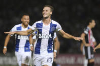 FILE - Tomas Pochettino of Argentina's Talleres celebrates after scoring a goal during a Copa Libertadores soccer match against Brazil's Sao Paulo in Cordoba, Argentina, in this Wednesday, Feb. 6, 2019, file photo. Pochettino will be asked to control the middle of the field for Austin FC. (AP Photo/Victor Quiroga, File)