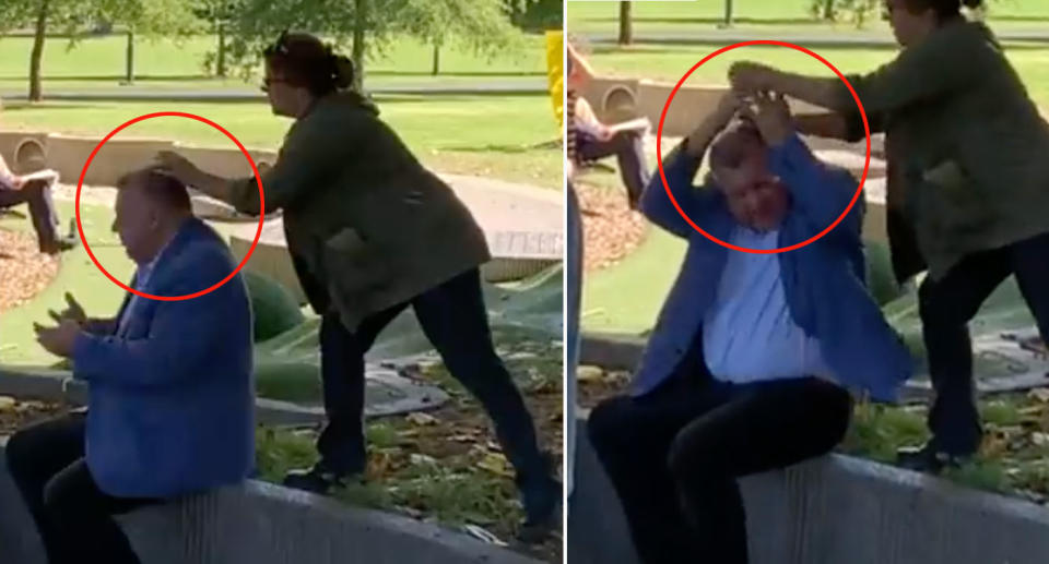 Craig Kelly sitting as woman smashes egg on his head in Melbourne park