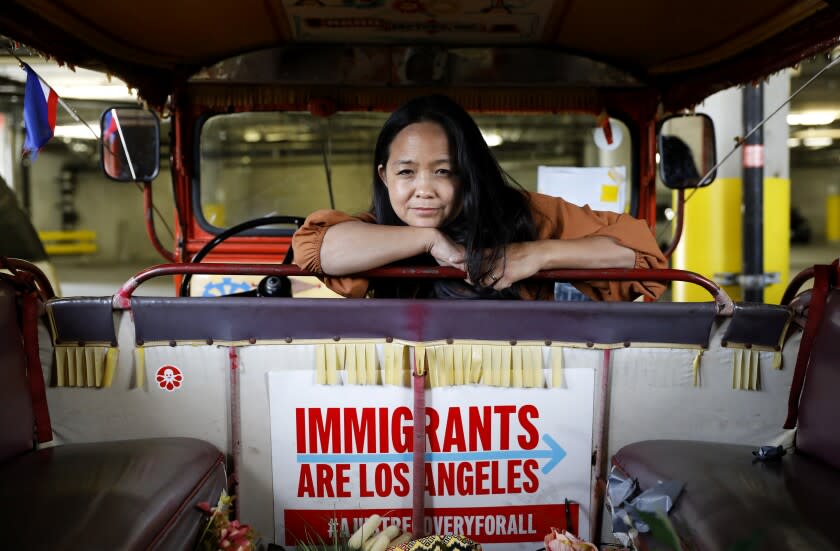 LOS ANGELES-CA-MAY 10, 2022: Aquilina Soriano Versoza, executive director of the Pilipino Workers Center of Southern California, is photographed in Los Angeles on Tuesday, May 10, 2022. Since the COVID-19 pandemic began two years ago, she's seen a steady drop in immigrant workers migrating to California to fill at-home caretaker jobs. (Christina House / Los Angeles Times)