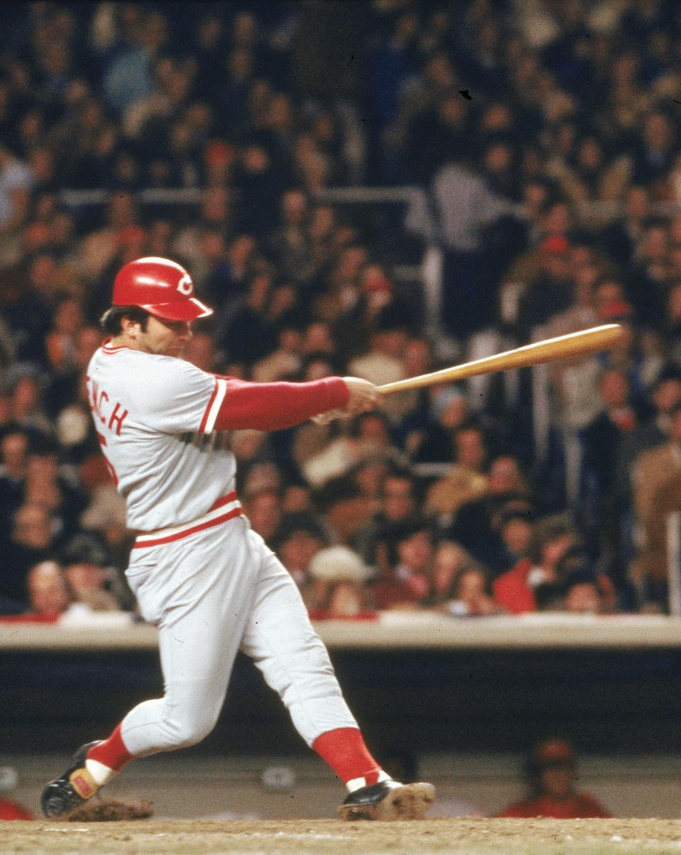 Johnny Bench, catcher for the Cincinnati Reds, swings his bat during game 3 of the World Series against the New York Yankees at Yankee Stadium in the Bronx, N.Y., Oct. 20, 1976.