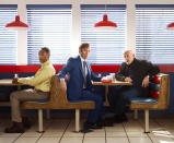 <p>Bob Odenkirk as Jimmy McGill, Giancarlo Esposito as Gustavo “Gus” Fring, Jonathan Banks as Mike Ehrmantraut in AMC’s <i>Better Call Saul</i>. (Photo Credit: Robert Trachtenberg/AMC) </p>