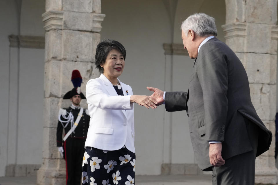 Italian Foreign Minister Antonio Tajani, right, welcomes Japanese Foreign Minister Yoko Kamikawa at the G7 Foreign Ministers meeting, on the Island of Capri, Italy, Wednesday, April 17, 2024. Group of Seven foreign ministers are meeting on the Italian resort island of Capri, with soaring tensions in the Mideast and Russia's continuing war in Ukraine topping the agenda. The meeting runs April 17-19. (AP Photo/Gregorio Borgia)