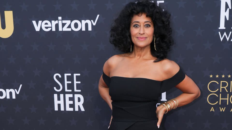 “Black-ish” actor Tracee Ellis Ross wore a black knit top wrapped in a stretch corset and silk georgette skirt from Fendi Couture’s Fall-Winter 2023 collection. - Jordan Strauss/Invision/AP