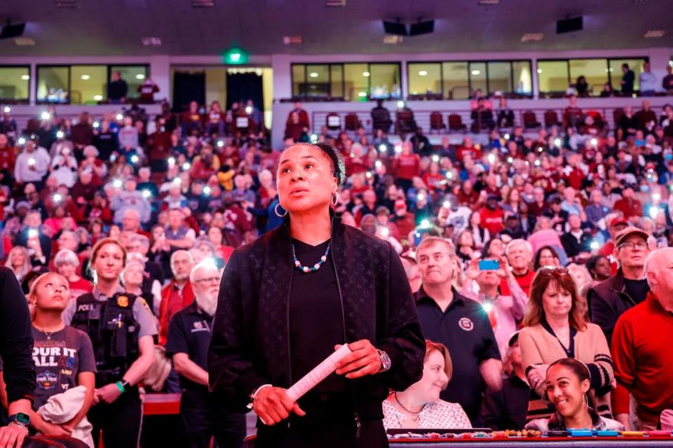 University of South Carolina Head Coach Dawn Staley watches team introductions before the Gamecocks play Alabama in the Colonial Life Arena on Thursday, Feb. 22, 2024