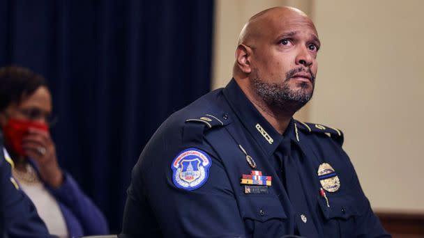 PHOTO: U.S. Capitol Police officer Harry Dunn becomes emotional as he testifies before the House Select Committee investigating the January 6 attack on the U.S. Capitol, July 27, 2021 at the Canon House Office Building in Washington, D.C. (Oliver Contreras/Pool via Getty Images, FILE)
