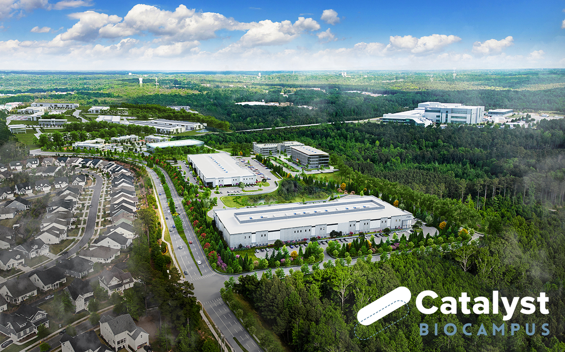 A rendering of Catalyst BioCampus, which promises “up to 446,000 square feet” of additional biomanufacturing, lab, and office space at Oakview Innovation Park in Holly Springs.