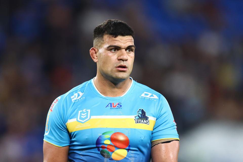 GOLD COAST, AUSTRALIA - MAY 12: David Fifita of the Titans looks on during the round 10 NRL match between Gold Coast Titans and North Queensland Cowboys at Cbus Super Stadium, on May 12, 2024, in Gold Coast, Australia. (Photo by Chris Hyde/Getty Images)