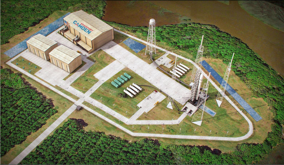 This artist's sketch provided by Spaceport Camden shows the launch pad complex of the proposed Spaceport Camden in Camden County, Ga. Since 2012, Officials in Camden County have spent nine years and $10 million pursuing a license to operate the 13th licensed, private spaceport in the U.S. The FAA issued a final environmental impact study Thursday, June 17, 2021, and a decision on its license is expected next month. (Spaceport Camden via AP)