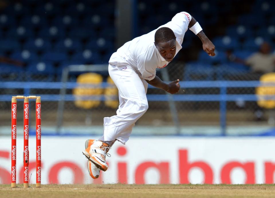 West Indies bowler Fidel Edwards delivers during the fourth day of the second-of-three Test matches between Australia and West Indies April 18, 2012 at Queen's Park Oval in Port of Spain, Trinidad.