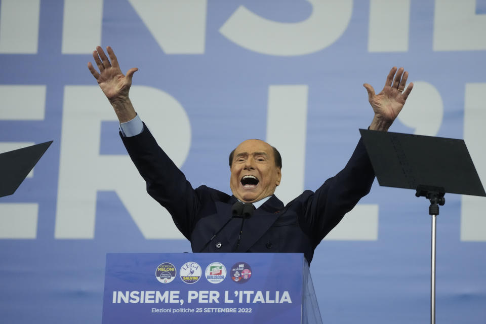 FILE - Silvio Berlusconi gets emotional during the center-right coalition closing rally in Rome Thursday, Sep. 22, 2022. Berlusconi, the boastful billionaire media mogul who was Italy's longest-serving premier despite scandals over his sex-fueled parties and allegations of corruption, died, according to Italian media. He was 86. (AP Photo/Gregorio Borgia, File)
