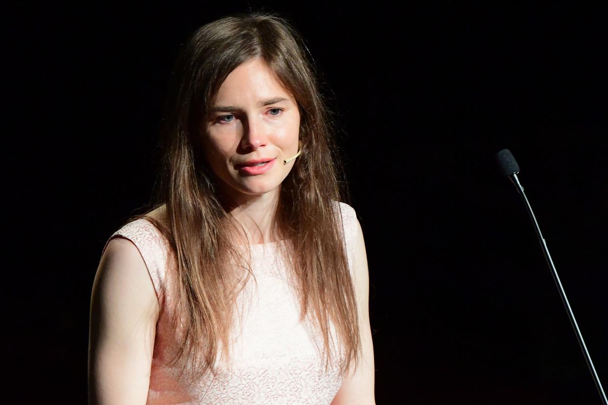 US journalist Amanda Knox addresses a panel discussion titled 