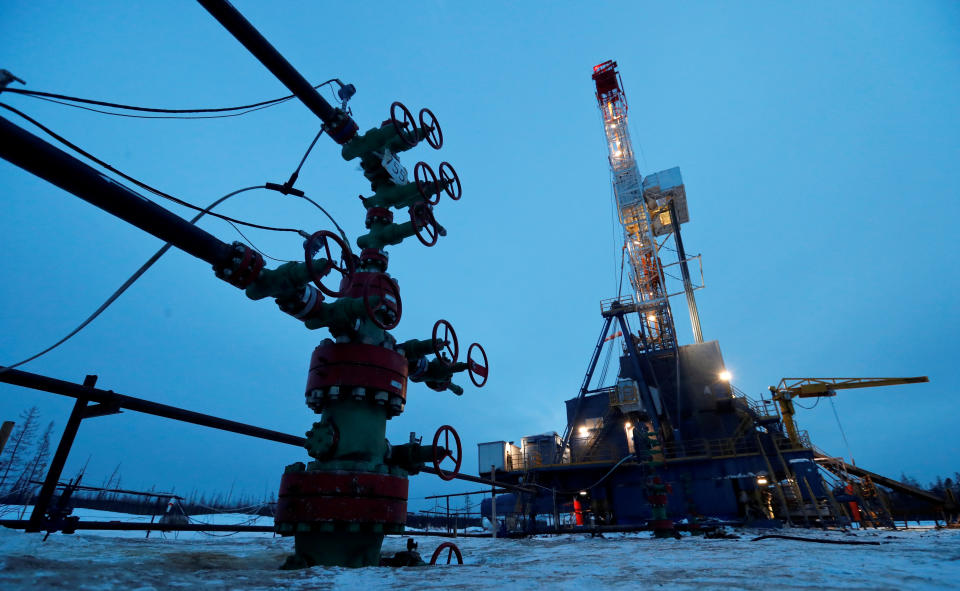 A drilling rig in the Irkutsk region of Russia