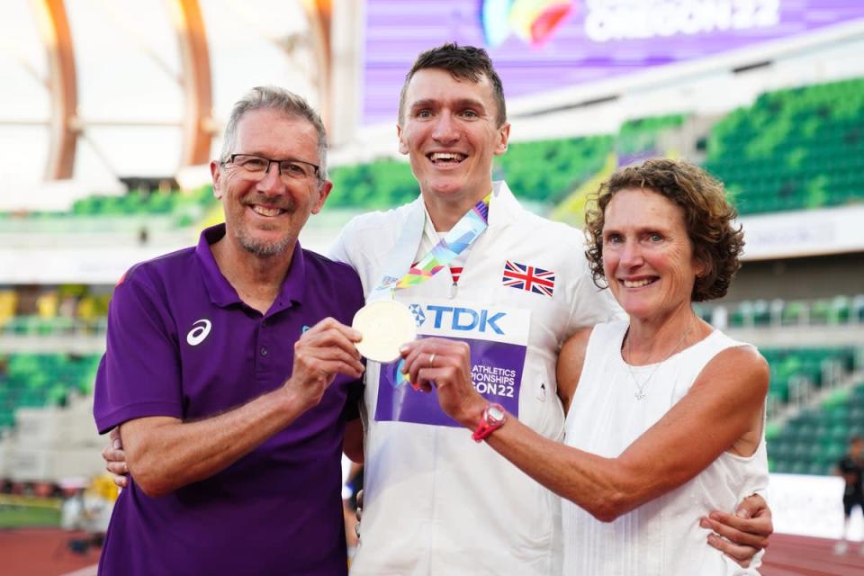 Great Britain’s Jake Wightman celebrates with dad Geoff and Susan (Martin Rickett/PA) (PA Wire)