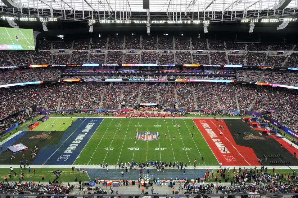 A general overall view of the Pro Bowl Games flag football field at Allegiant Stadium in Paradise, Nevada, on Feb. 5, 2023.