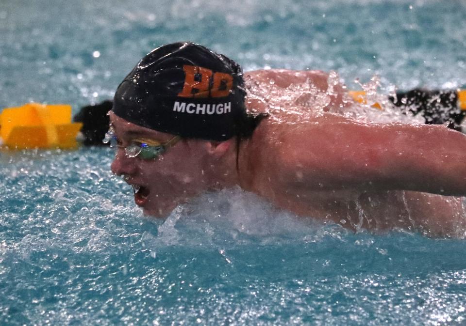 Horace Greeley's Connor McHugh swam the butterfly in the winning 200-yard medley relay at the Section 1 Swimming Championships at Felix Festa Feb. 14, 2024.