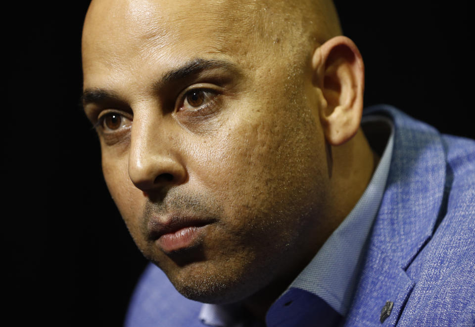 Boston Red Sox manager Alex Cora speaks with the media during Major League Baseball winter meetings, Tuesday, Dec. 11, 2018, in Las Vegas. (AP Photo/John Locher)