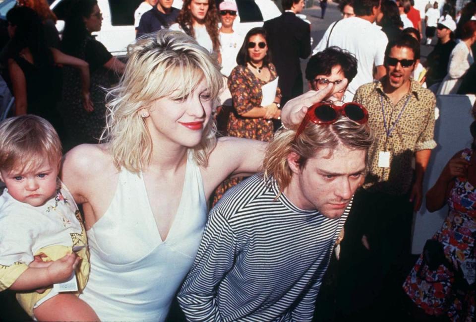 Courtney Love and Kurt Cobain with their daughter Frances Vean at the MTV Awards in LA, 1993 (Fotos International/Shutterstock)