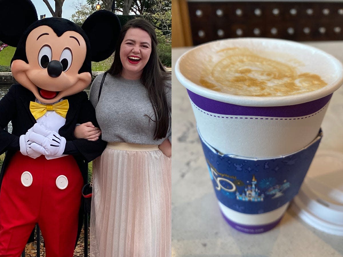 megan posing with mickey mouse and a cup of joffrey's coffee