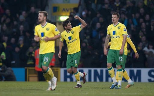 Norwich City's Andrew Surman (C) during a Premier League match on February 4. Norwich manager Paul Lambert is relishing the opportunity of facing Manchester United and says Norwich, who start the weekend in 8th spot after winning their last two league games, fear no one