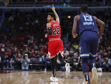 Feb 13, 2019; Chicago, IL, USA; Chicago Bulls forward Otto Porter Jr. (22) reacts after scoring a basket against the Memphis Grizzlies during the first half at United Center. Kamil Krzaczynski-USA TODAY Sports