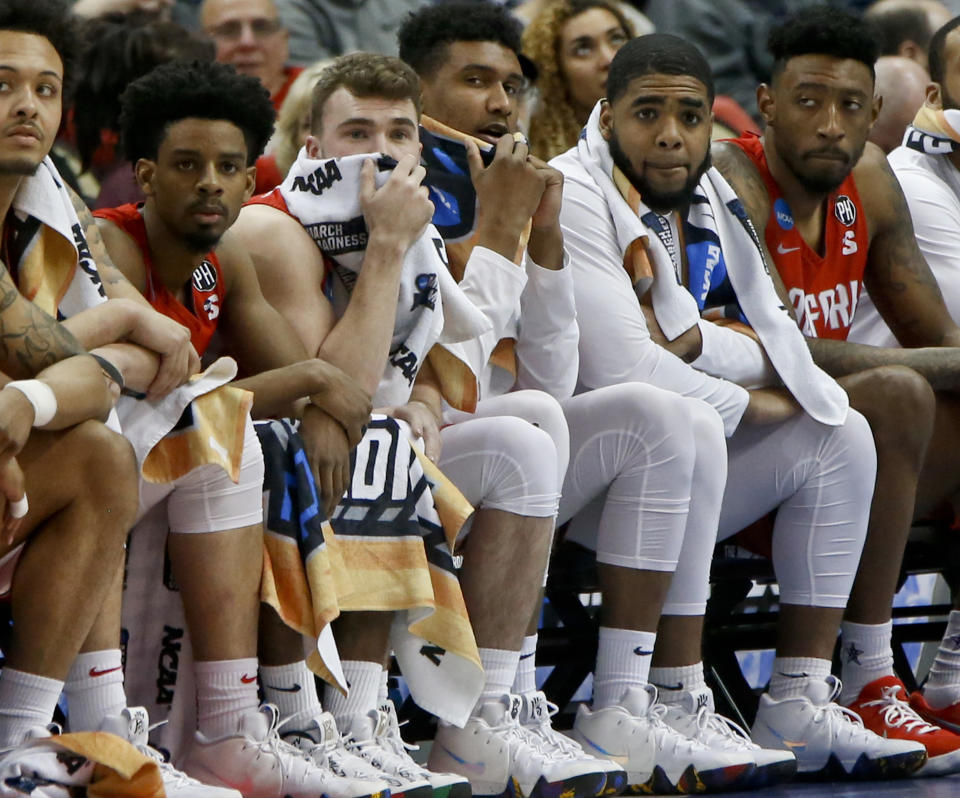 Players on the Radford bench watch during the second half of the team’s NCAA men’s college basketball tournament first-round game against Villanova on Thursday, March 15, 2018, in Pittsburgh. Villanova won 87-61 to advance to the second round. (AP Photo/Keith Srakocic)