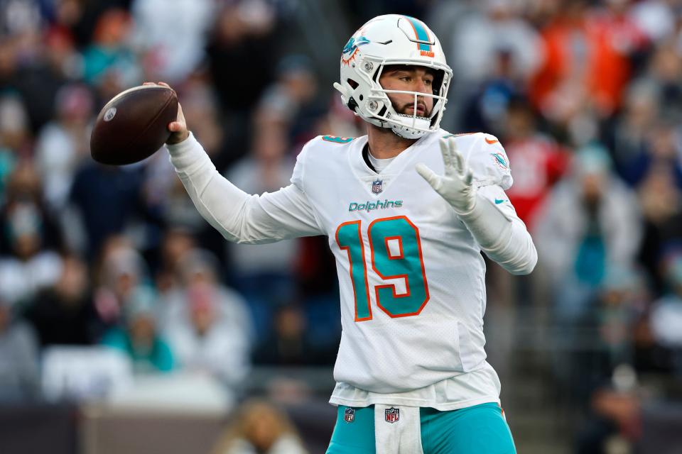 Miami Dolphins quarterback Skylar Thompson (19) throws a pass against the New England Patriots during the second half of an NFL football game, Sunday, Jan. 1, 2023, in Foxborough, Mass. Thompson replaced quarterback Teddy Bridgewater after an apparent injury. (AP Photo/Michael Dwyer)