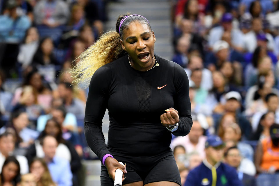 NEW YORK, NEW YORK - AUGUST 26:  Serena Williams of the United States reacts during her Women's Singles first round match against Maria Sharapova of Russia during day one of the 2019 US Open at the USTA Billie Jean King National Tennis Center on August 26, 2019 in the Flushing neighborhood of the Queens borough of New York City.  (Photo by Emilee Chinn/Getty Images)