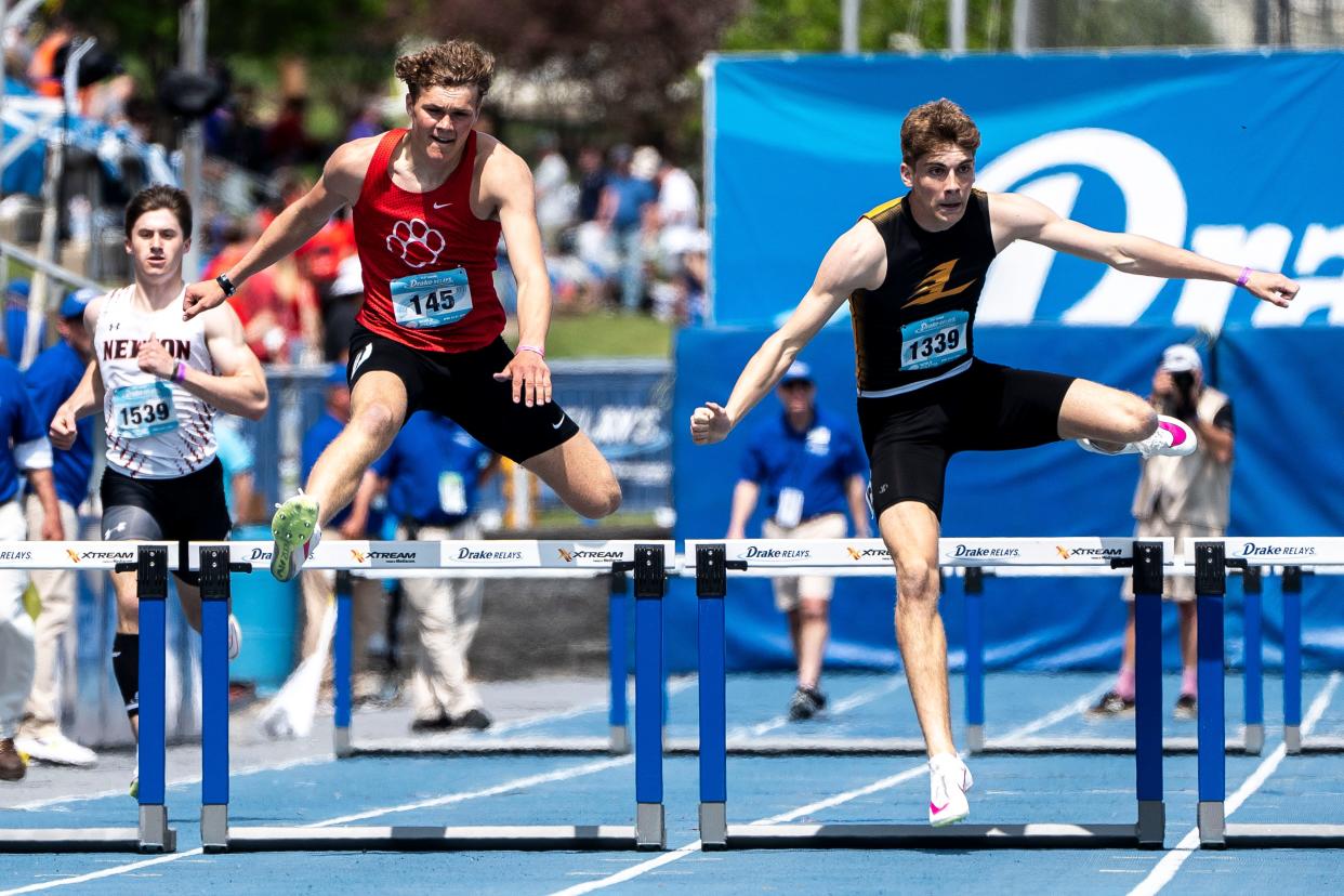 ADM’s Zach Lohmann runs in the 400 meter hurdles during the Drake Relays at Drake Stadium on Saturday, April 27, 2024, in Des Moines.