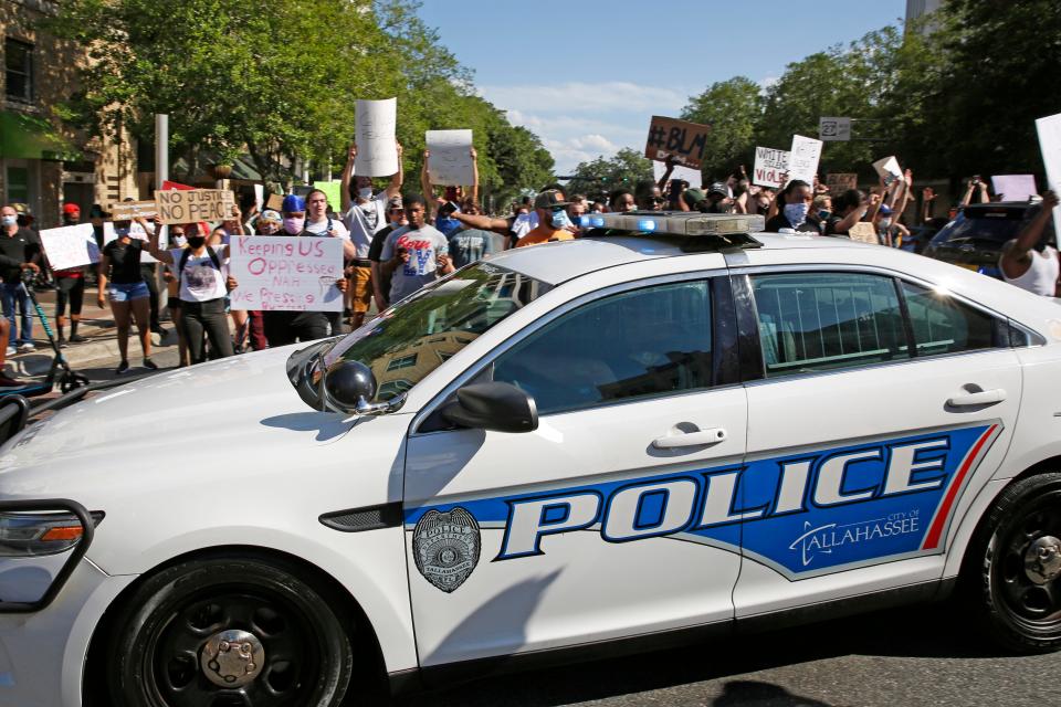 Black Lives Matter protests in front of the Leon County Courthouse where members of the NAACP meet with Tallahassee Police Chief Lawrence Revell.  The protest was part of the nationwide protest of the  killing of George Floyd at the hands of the Minneapolis Police Dept combined with the controversial killings of Tony McDade and Mychael Johnson at the hands of Tallahassee police.