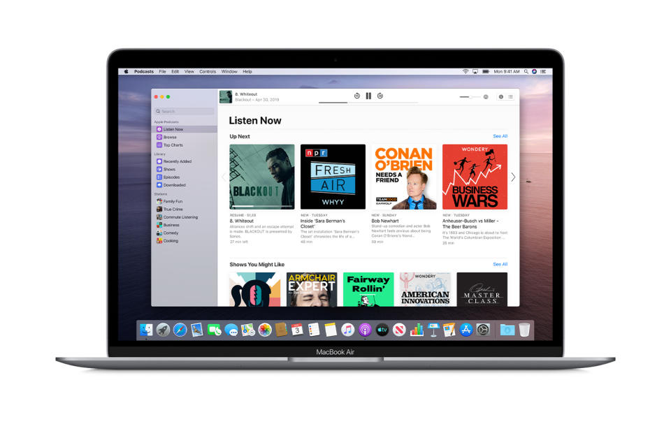 Apple Podcasts app displayed on a MacBook Air in MacOS Catalina