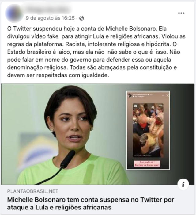 Captura de tela de uma publicação que alega que Michelle Bolsonaro teve uma conta suspensa no Twitter por conta de episódio de intolerância religiosa (Foto: Facebook / Reprodução)
