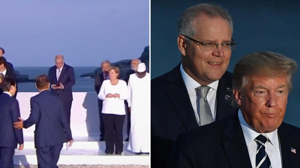 Prime Minister Scott Morrison standing by himself on the phone behind US President Donald Trump.