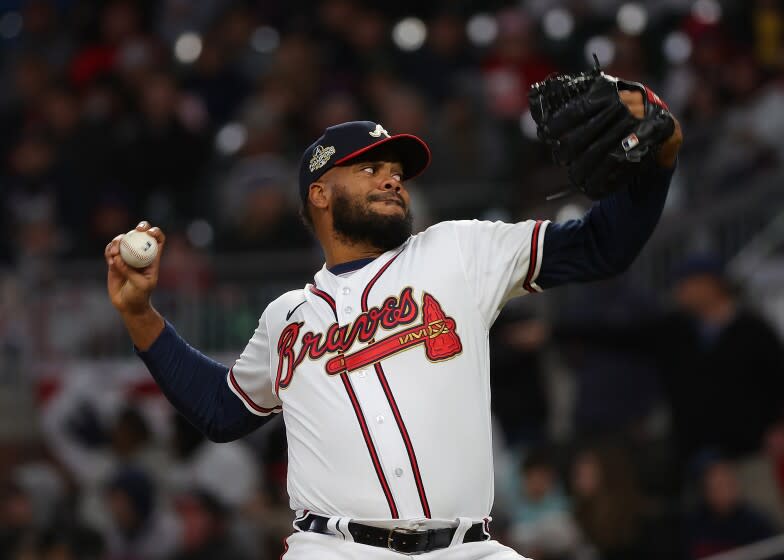 ATLANTA, GEORGIA - APRIL 08: Kenley Jansen #74 of the Atlanta Braves pitches.