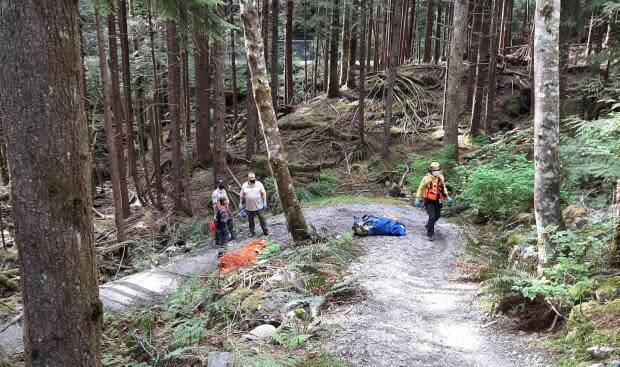 The 73-year-old cyclist had been riding his e-bike northeast of the Seymour Falls Dam when he drove off the trail and into a mound of soil, said North Shore Rescue. (North Shore Rescue/Facebook - image credit)