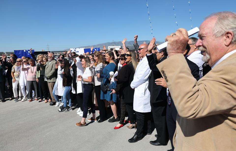 Attendees cheer as Huntsman Cancer Institute announces a new development of a cancer center in Utah County in Vineyard on Wednesday, June 21, 2023. | Jeffrey D. Allred, Deseret News