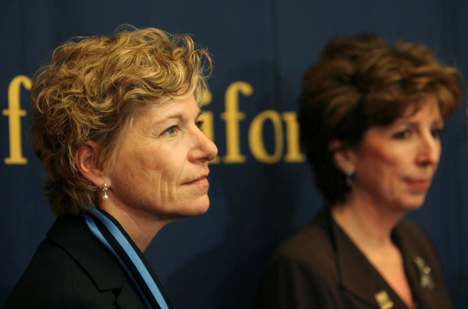 New UC San Francisco chancellor Susan Desmond-Hellmann, left, and new UC Davis chancellor Linda Katehi, are shown at a University of California Board of Regents news conference in San Francisco, Thursday, May 7, 2009. The University of California is raising student fees to offset state budget cuts to the 10-campus system. By a 17-4 vote Thursday, the UC Board of Regents approved a 9.3-percent fee increase for California undergraduate and graduate students. In-state undergraduates should expect to pay about $8,700 in fees for the coming academic year. (AP Photo/Jeff Chiu)