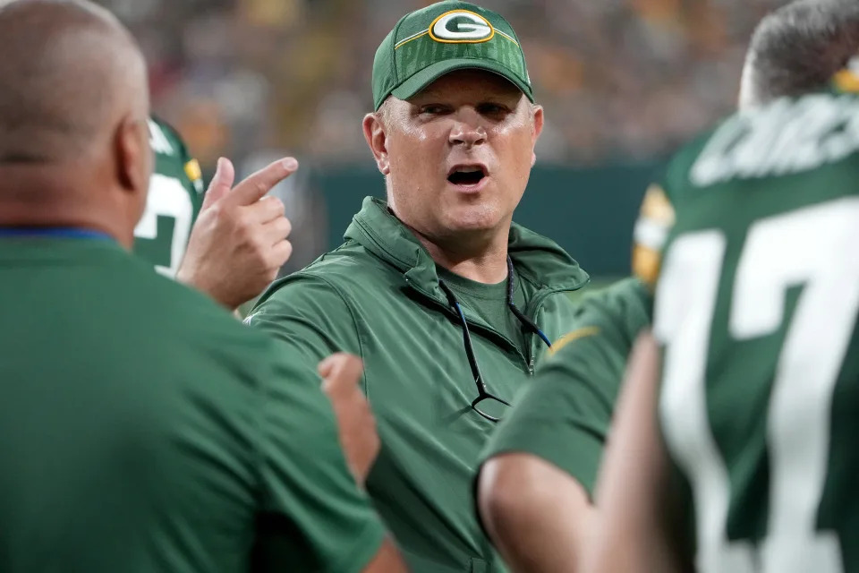 Aug 19, 2023; Green Bay, WI, USA; Green Bay Packers general manager Brian Gutekunst is shown during the second quarter of their preseason game against the <a class="link " href="https://sports.yahoo.com/nfl/teams/new-england/" data-i13n="sec:content-canvas;subsec:anchor_text;elm:context_link" data-ylk="slk:New England Patriots;sec:content-canvas;subsec:anchor_text;elm:context_link;itc:0"&gtNew England Patriots</a> at Lambeau Field. Mandatory Credit: Mark Hoffman-USA TODAY Sports
