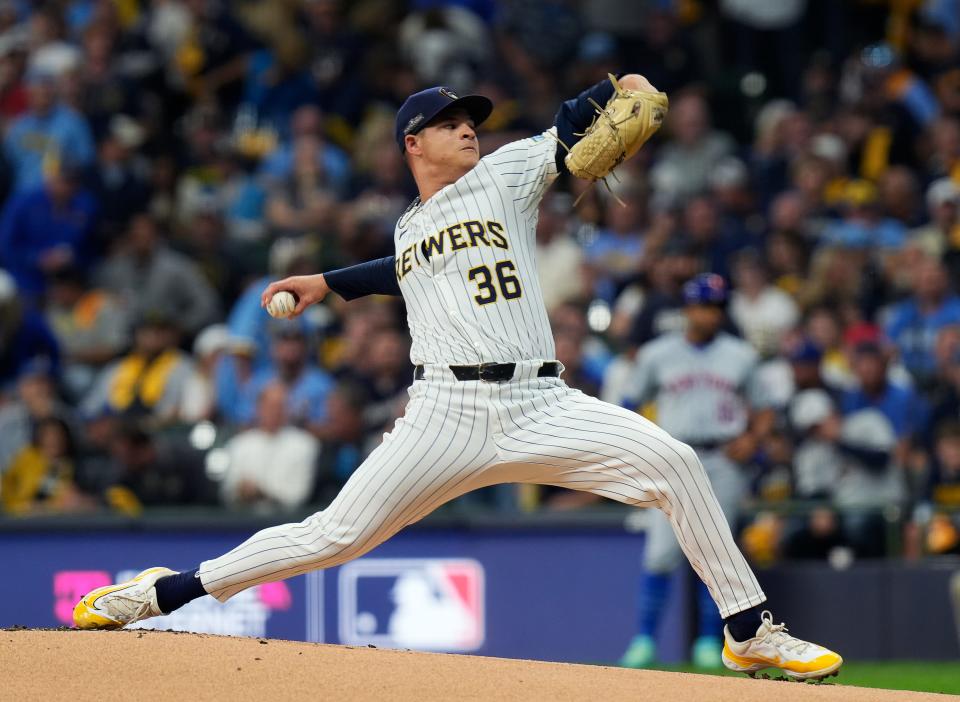 Milwaukee Brewers starting pitcher Tobias Myers (36) pitches during the first inning of Game 3 of National League wild-card series against the New York Mets on Thursday October 3, 2024 at American Family Field in Milwaukee, Wis.