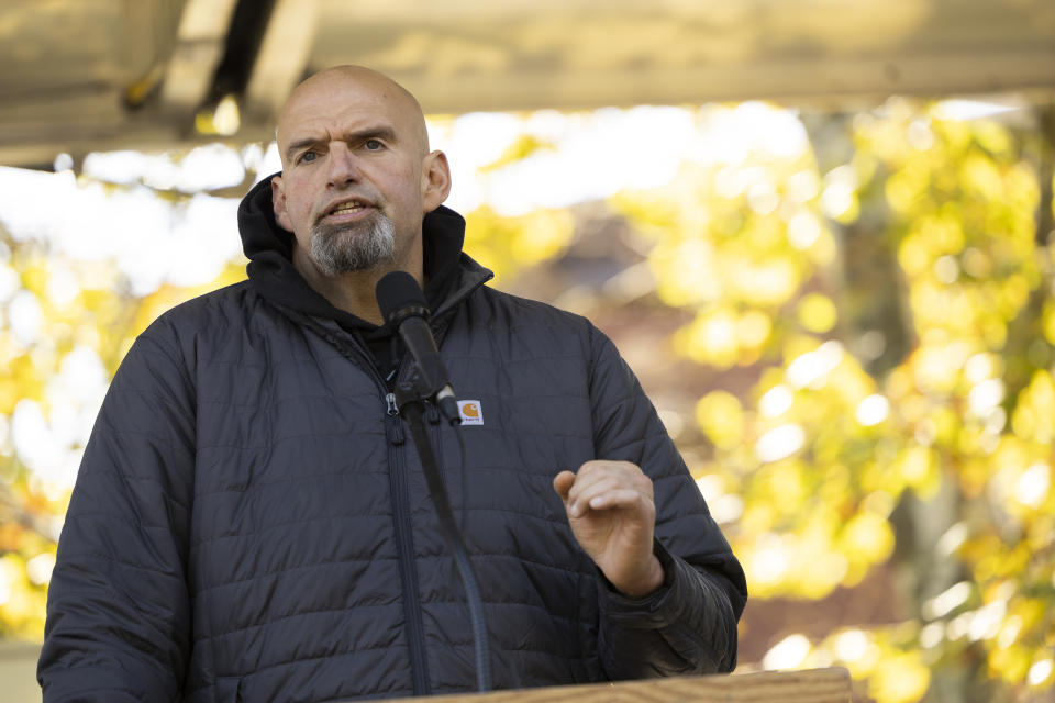 FILE - Pennsylvania Lt. Gov. John Fetterman, a Democratic candidate for U.S. Senate, addresses attendees at an SEIU union event in Philadelphia, Saturday, Oct. 15, 2022. (AP Photo/Ryan Collerd, File)