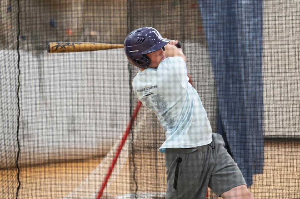 Lakeview player Jackson Haywood takes a swing during a practice at Lakeview High School on Tuesday, May 23, 2023.