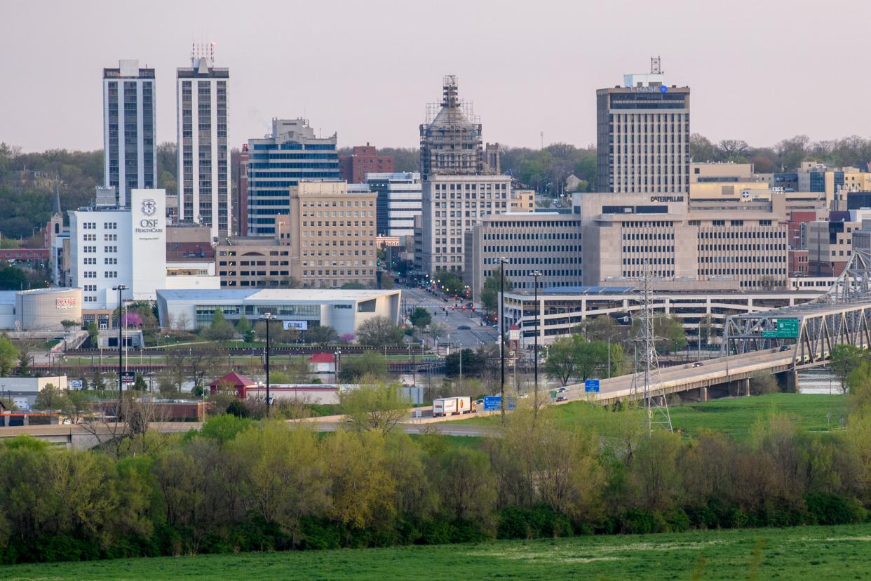 The best view of the Peoria skyline is probably from East Peoria, specifically Fondulac Drive, which offers several scenic overlooks along its curving route on the bluff overlooking the Illinois River Valley.