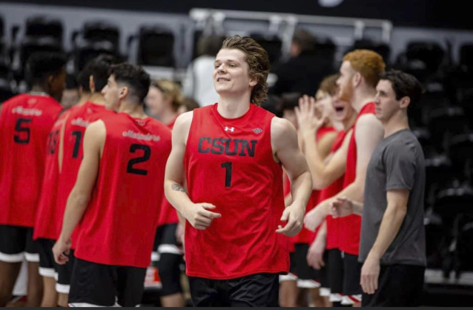 This photo provided by Cal State Northridge shows Nathan Merren in action during the Matadors' home opener against Cal Lutheran on Jan. 13, 2023. Merren was one of the February recipients of the CalHOPE Courage Award. (California State University, Northridge via AP)