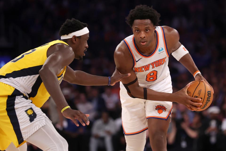 May 6, 2024; New York, New York, USA; New York Knicks forward OG Anunoby (8) controls the ball against Indiana Pacers forward Pascal Siakam (43) during the second quarter of game one of the second round of the 2024 NBA playoffs at Madison Square Garden. Mandatory Credit: Brad Penner-USA TODAY Sports