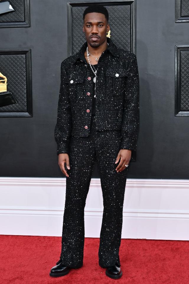 Lil Nas X Is Glamorous in Pearl Jacket, Flare Pants and Extreme Platforms  at Grammy Awards 2022