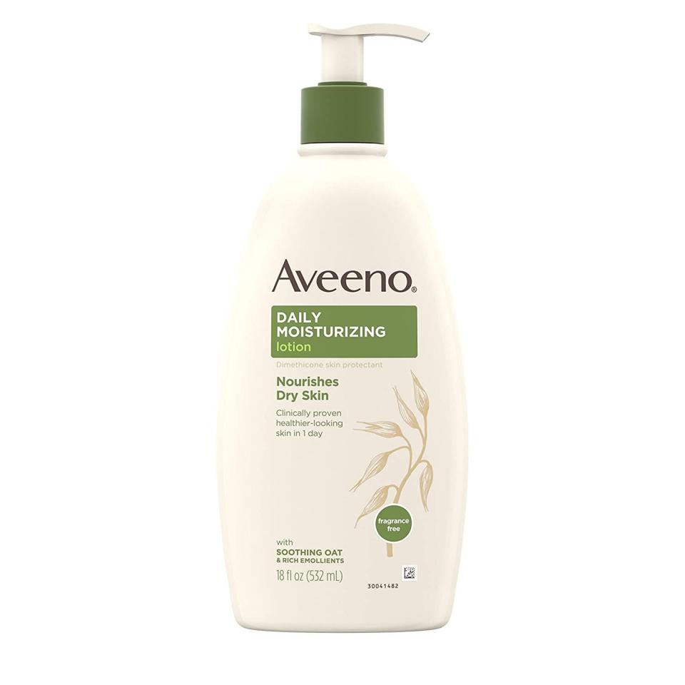 <p><strong>Aveeno</strong></p><p>amazon.com</p><p><strong>$8.99</strong></p><p><a href="https://www.amazon.com/dp/B000ODNSR0?tag=syn-yahoo-20&ascsubtag=%5Bartid%7C2089.g.33014766%5Bsrc%7Cyahoo-us" rel="nofollow noopener" target="_blank" data-ylk="slk:Shop Now;elm:context_link;itc:0;sec:content-canvas" class="link ">Shop Now</a></p><p>Aveeno's affordable Daily Moisturizing Body Lotion will fully absorb into your skin within just 30 seconds, so it doesn't leave behind an unpleasant greasy residue. Its thicker texture is super hydrating, and it easily rubs in to nourish skin without feeling sticky.</p><p>➥ <a href="https://www.bestproducts.com/beauty/a32132570/aveeno-daily-moisturizing-lotion-review/" rel="nofollow noopener" target="_blank" data-ylk="slk:Read Our Full Review;elm:context_link;itc:0;sec:content-canvas" class="link ">Read Our Full Review</a></p>